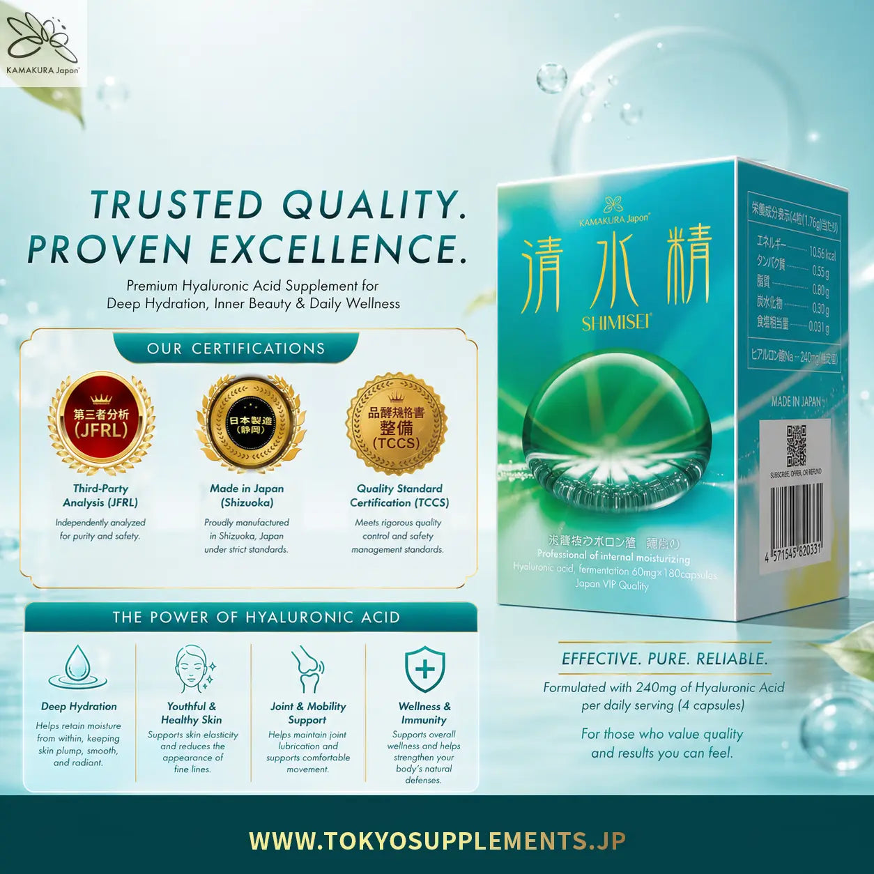 SHIMISEI High-Purity Hyaluronic Acid 240mg | Japanese Wellness Capsules | 180 Caps | Made in Japan KAMAKURA JAPON